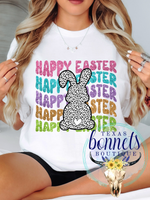 Leopard Bunny Rainbow Faux Glittered Happy Easter Tee