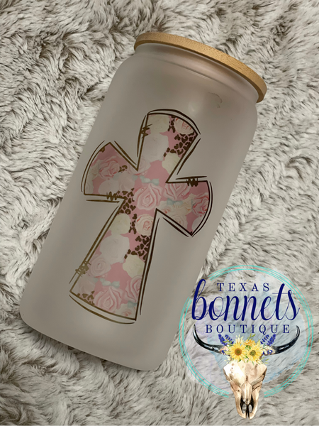 Floral Cross Glass Can